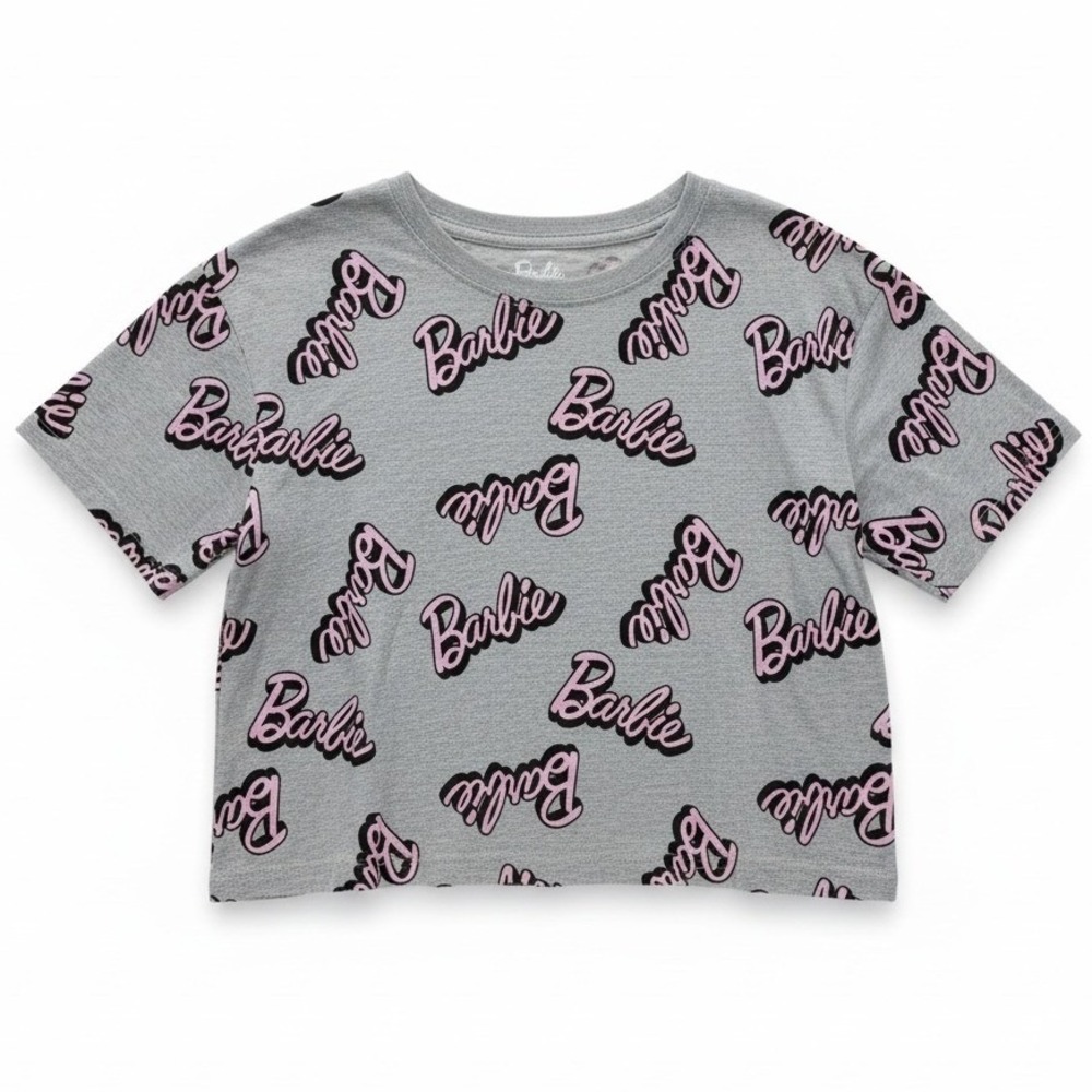 Barbie All Over Print Crop‎ T Shirt Women's L Large Gray Pink Black Graphic Tee